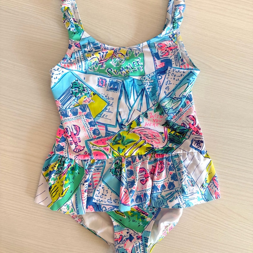 Lilly Pulitzer Blue and Pink One Piece Swimsuit with Ruffles wish you were here